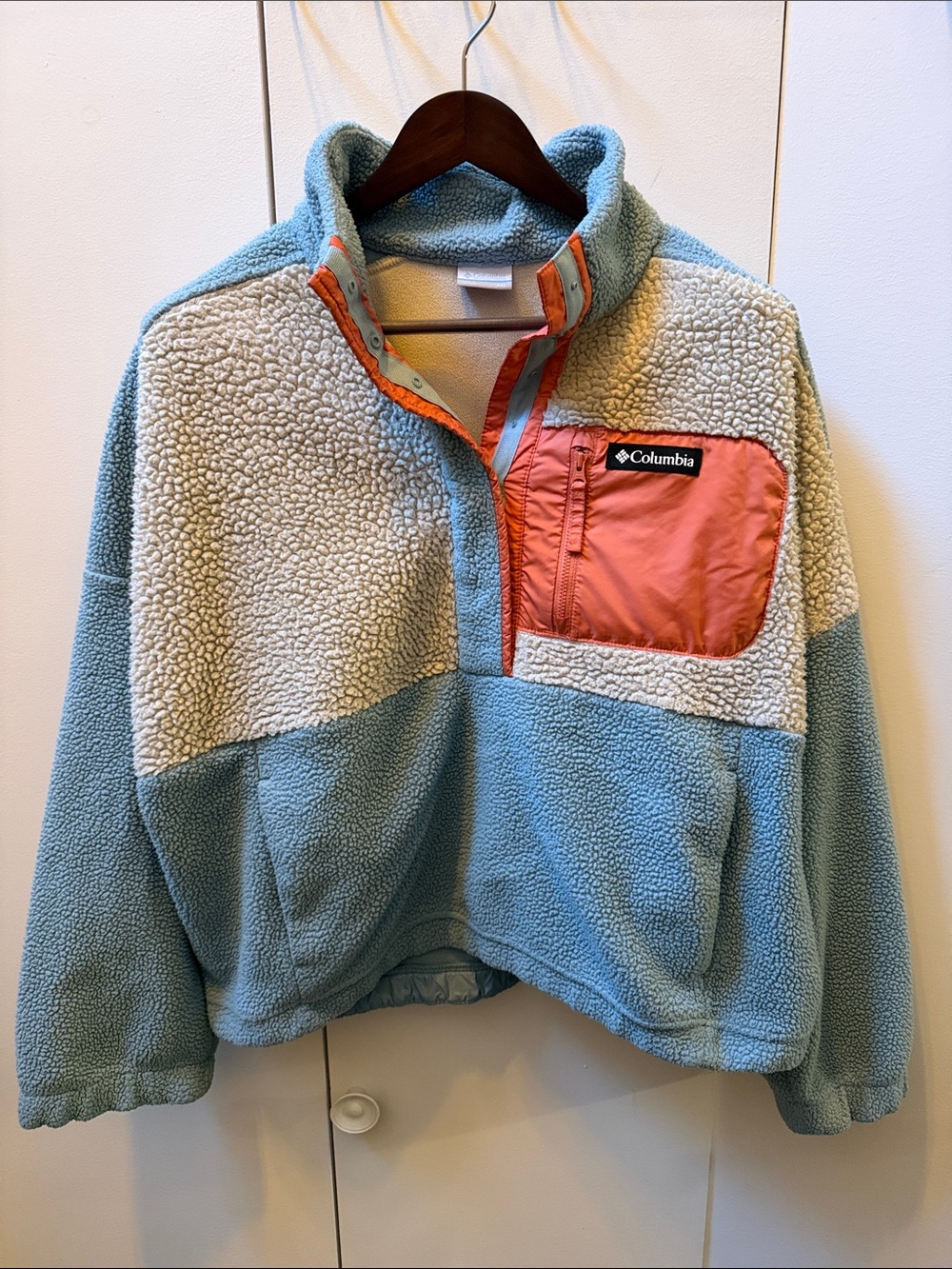 Columbia Sherpa Pullover - Light Blue, Cream & Coral Pocket